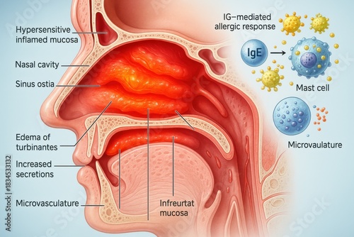 IgE mediated allergic rhinitis nasal inflammation diagram. Cross-section of human nasal cavity showing swollen mucosa, turbinate edema and IgE-mediated allergic response with mast cells and microvasc
