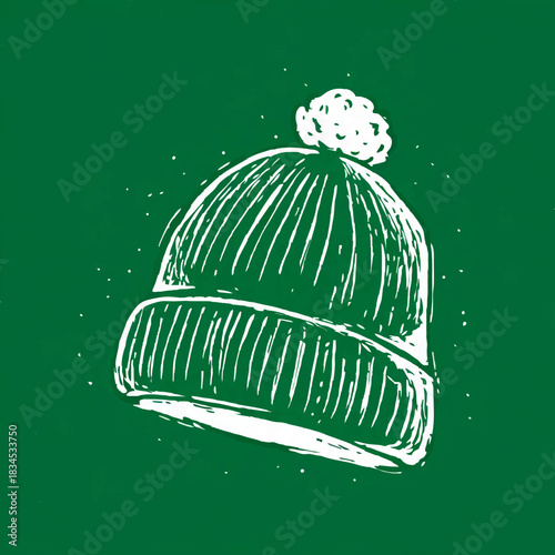 White Outline Knit Hat Illustration on Green

