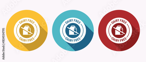 Dairy free icon set with three oval buttons in yellow blue and red