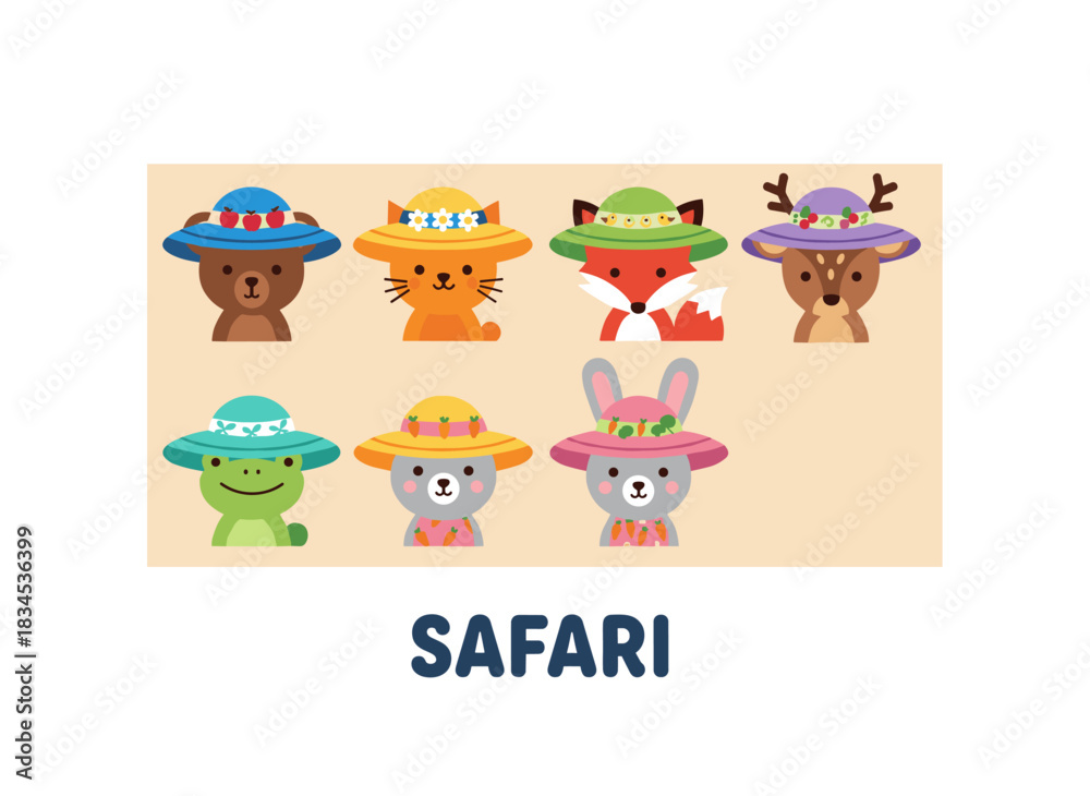 Fototapeta premium Set of summer hats for kids: beach headwear and child-friendly panamas in a cute baby style with modern design, featuring sun headdresses and playful headgear for boys and girls, illustrated in