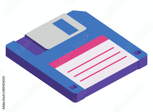 A 90s computer memory icon: a floppy disk, rendered as a flat vector illustration in an isometric retrowave style, isolated on a white background, symbolizing information and data storage