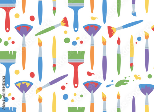 Brush tools create a seamless pattern, while paint brushes provide an artistic backdrop; art and craft supplies offer endless repeatable prints suitable for textiles, fabrics, and wrapping designs
