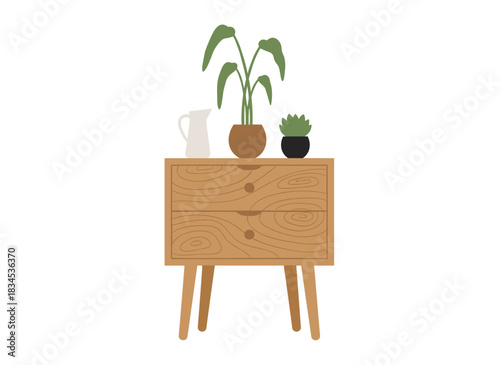 Wooden chest of drawers, nightstand holding potted leaf plants, wooden furniture, dresser with legs in a modern retro style, houseplants on a commode, all shown in a flat vector illustration on a
