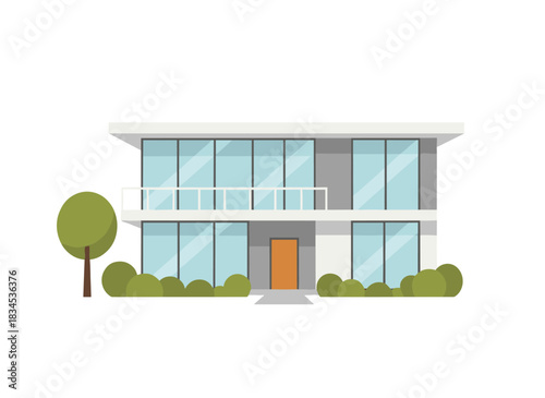 Contemporary villa design featuring glass and wood, modular construction, residential structure with outdoor view, presented as a flat vector illustration on a white background