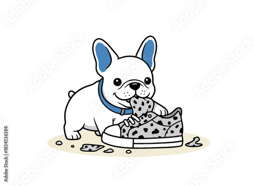 A playful dog sits chewing or gnawing a shoe, a mischievous puppy shown alone on a white background, highlighting its troublesome habit and problematic behavior, all depicted in a colorful hand‑drawn