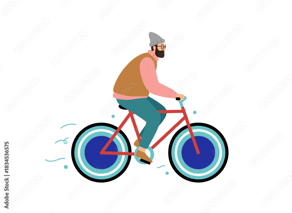 Naklejka premium A bearded hipster wearing a hat and casual attire pedals a city bike, depicted as a humorous male character in a flat cartoon vector style against a white background