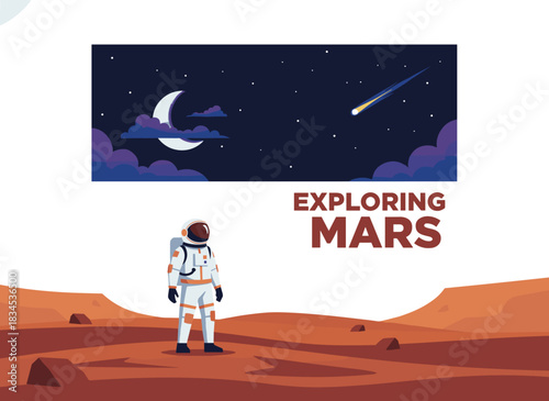 Illustration of a concept for exploring and colonizing Mars, featuring an astronaut in a spacesuit on the red planet, rendered as a colorful vector with text