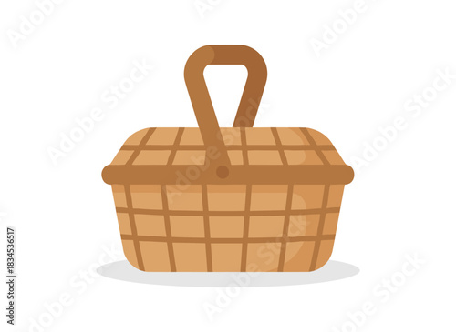 A straw-woven wicker picnic basket, complete with lid and handle, depicted as a realistic, colored flat vector illustration on a white background