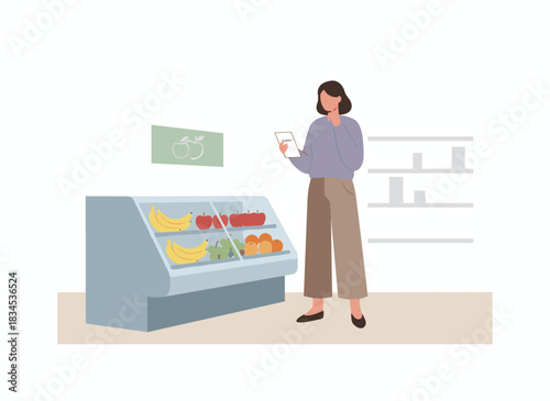A woman shopper with a paper list in a supermarket’s greengrocery and fruit section, selecting food items, depicted as a flat vector illustration