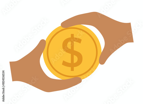 Illustration of frugal hands holding a dollar coin, representing saving money, finance, economy, and frugality in a flat vector style on a white background