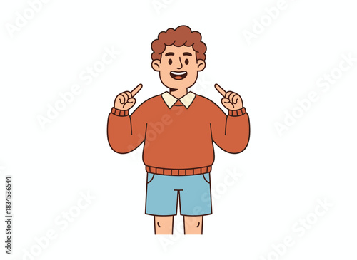 A cheerful male points upward and to the side, gesturing to demonstrate something; a businessman showcases and promotes with his index fingers, depicted as a flat vector illustration against a white
