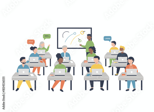 A group of students seated at desks in a classroom, behaving well and listening attentively to a lesson or lecture