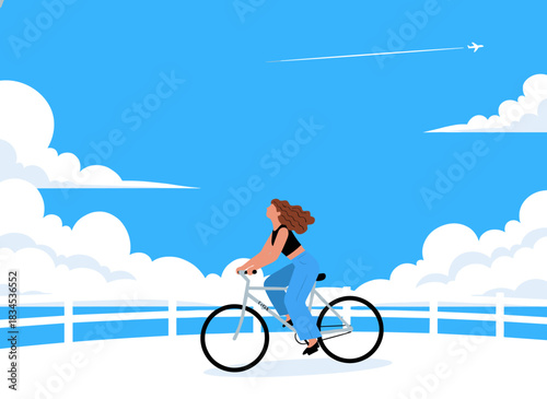 Summer scenery with sky, clouds, and a girl riding a bicycle; an active young woman travels on holiday by bike, embodying freedom, pleasure, and a dreamlike concept, capturing a summertime vacation
