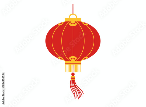 A festive Chinese paper lantern, a hanging red street lamp with fringe in China, an Asian traditional holiday decoration with a loop, and a drawn vector illustration of Japanese decor isolated on a