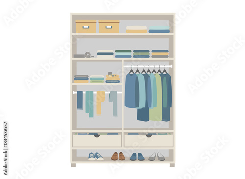 An open wardrobe and closet filled with clothing, shoes, bags, and accessories, featuring a cupboard with a garment rail, boxes, neatly folded items, and items on shelves, illustrated as a flat