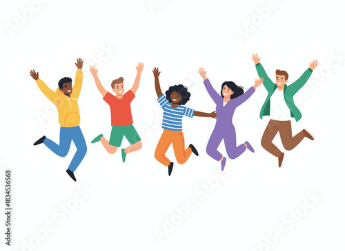 Joyful children leap with delight, a group of kids celebrating together, energetic and positive boys and girls, smiling and excited friends, depicted in a flat vector illustration on a white