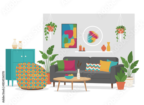 Illustration of a modern living room interior in vector style, featuring a cozy couch with pillows, an armchair, a coffee table, and a houseplant, evoking a cartoonish apartment ambiance