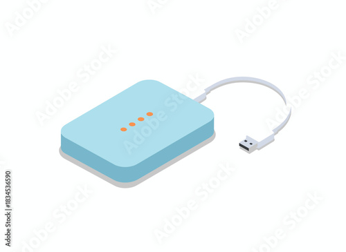 Portable external hard drive for data storage and backup, equipped with a USB cable for connectivity, accompanied by a power bank or charger, depicted as a flat vector illustration on a white