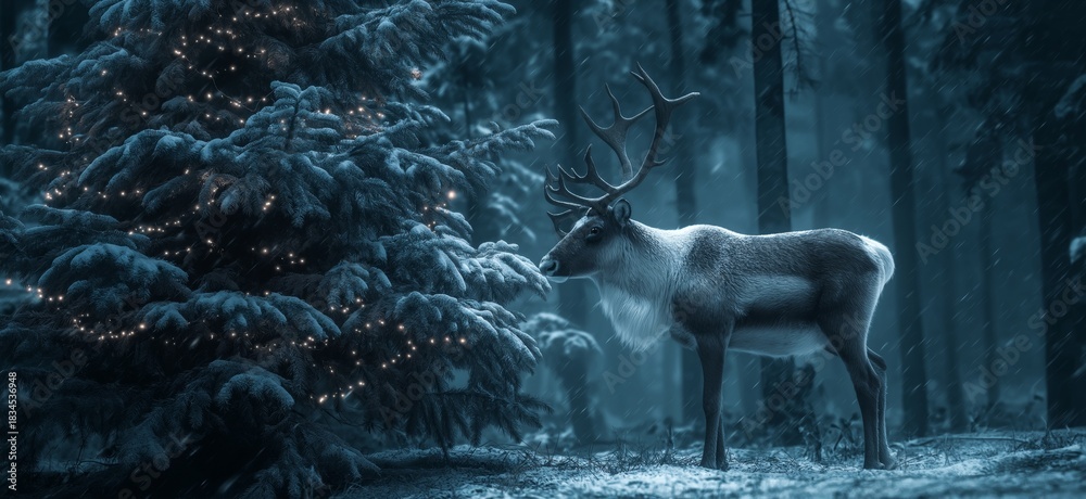 Naklejka premium Reindeer standing in snowy forest with magical Christmas lights. Reindeer standing in deep snow, illuminated by magical Christmas lights in a winter forest