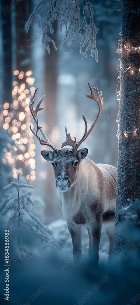 Fototapeta premium Reindeer standing in snowy forest with magical Christmas lights. Reindeer standing in deep snow, illuminated by magical Christmas lights in a winter forest