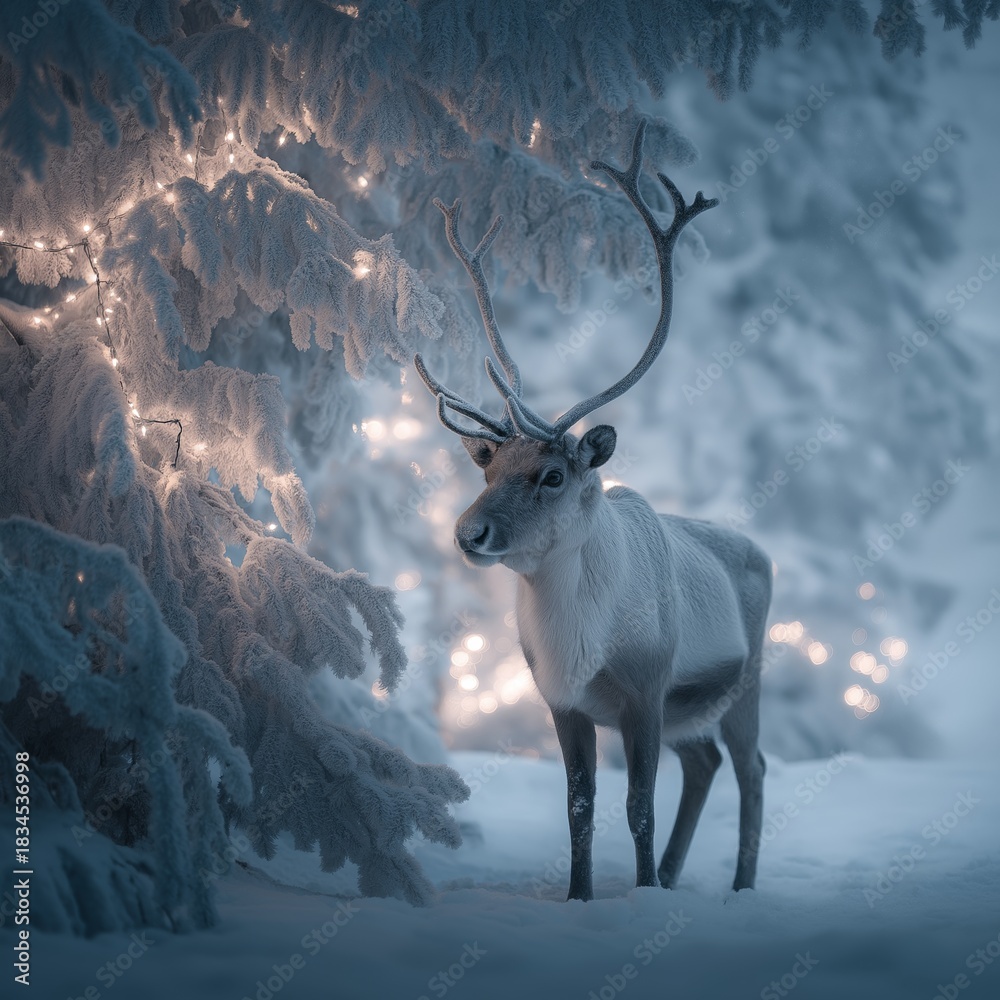 Naklejka premium Reindeer standing in snowy forest with magical Christmas lights. Reindeer standing in deep snow, illuminated by magical Christmas lights in a winter forest