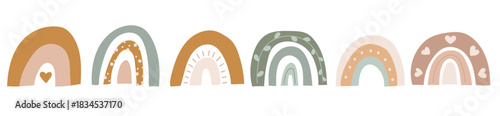 Collection of cute boho rainbows in soft tones. Decorative hand drawn vector elements for baby design. Vector illustration on an isolated background.
