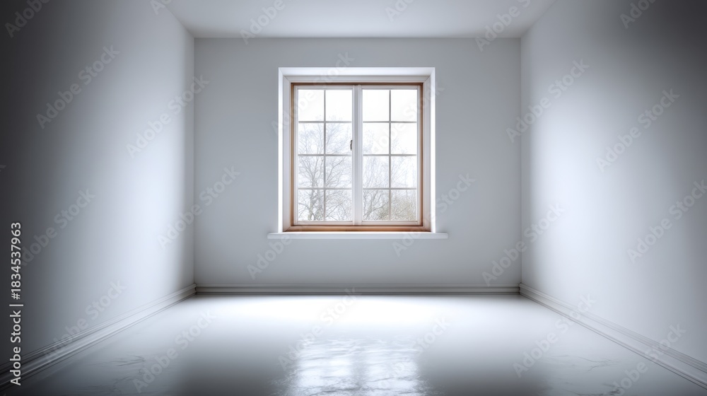 Fototapeta premium Bright and Minimalist Empty Room with Large Window Offering Natural Light and Simple Aesthetic for Various Design and Home Decor Projects