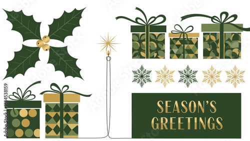 Festive season's greetings card with gifts holly snowflakes and a candle on a black background for holiday cheer