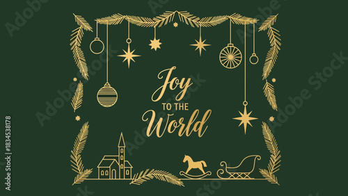 Elegant christmas card design with gold ornaments and joy to the world message on a dark green background