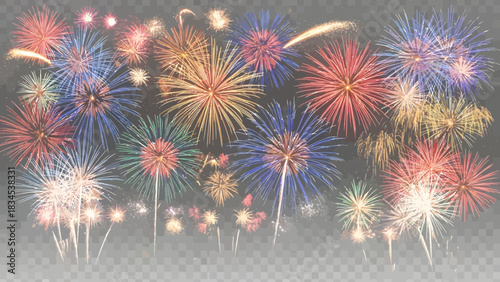 Vibrant fireworks display illuminates the night sky with colorful bursts of light and celebratory atmosphere