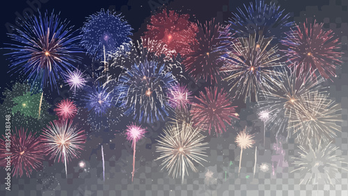 Vibrant fireworks display illuminating the night sky with colorful explosions and sparkling light trails above