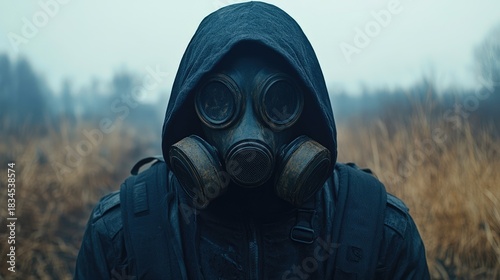 Mysterious Figure Wearing Gas Mask in Foggy Post-Apocalyptic Environment