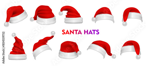 A collection of ten realistic red Santa hats with fluffy white fur trim and pom-poms, shown in various shapes and folds.