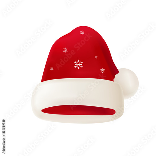 Festive red Santa Claus hat with a fluffy white pom-pom, fur trim, and snowflake pattern.