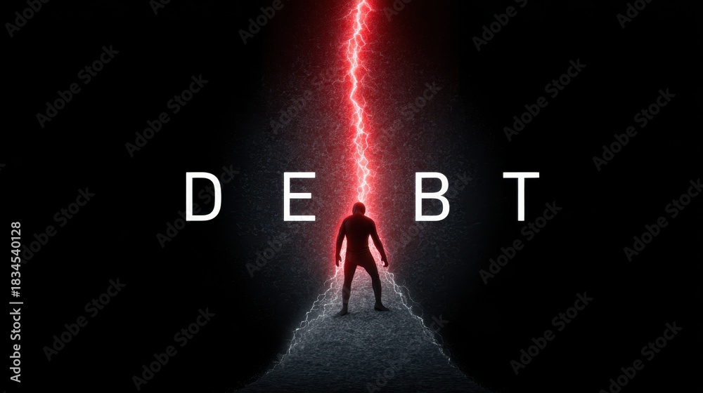 Fototapeta premium Conceptual illustration depicting the struggle with debt, featuring a silhouetted figure under a striking red lightning bolt, symbolizing financial challenges
