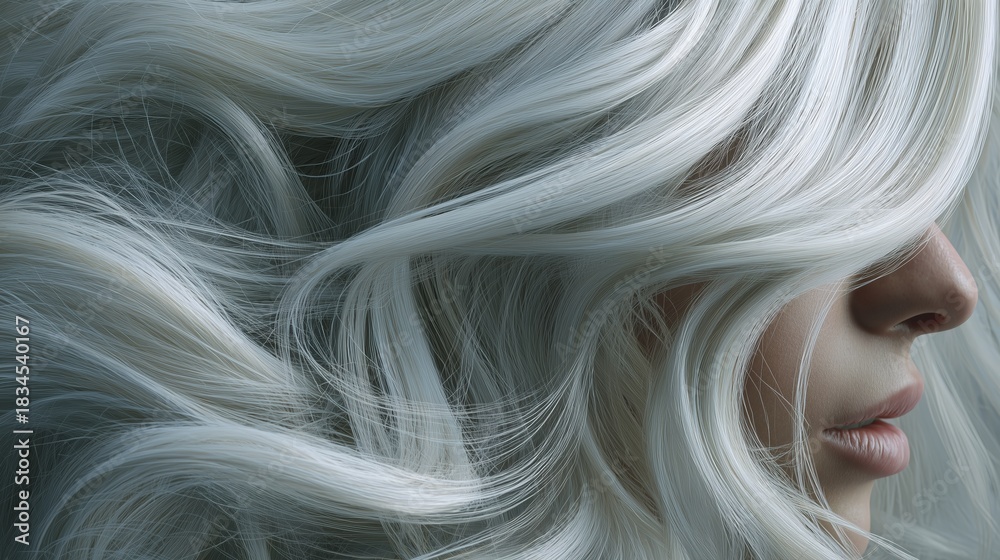 Naklejka premium Woman with long wavy hair styled in white color looks away with soft light highlighting strands in a studio setting. Cloud dancer trend color 2026