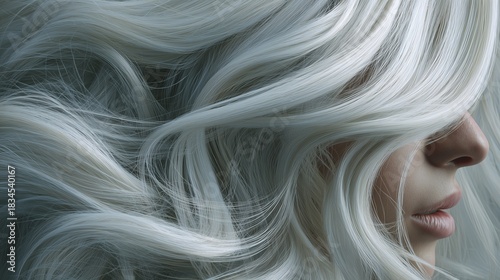 Woman with long wavy hair styled in white color looks away with soft light highlighting strands in a studio setting. Cloud dancer trend color 2026