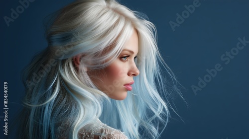 Young woman with long hair showcasing a hairstyle against a blue background during a fashion photoshoot. Cloud dancer trend color 2026