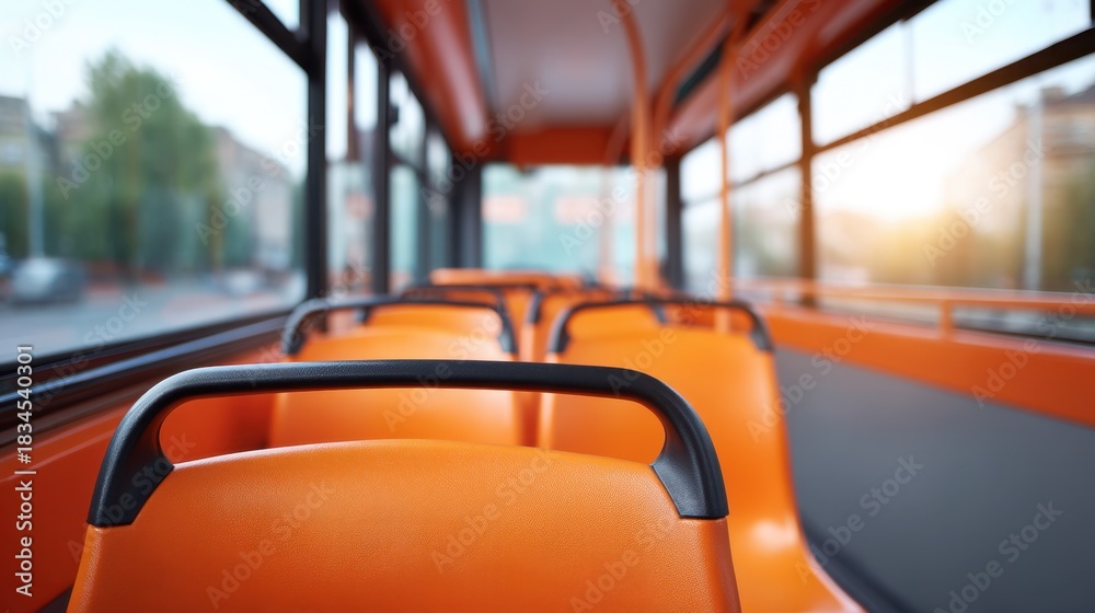 Fototapeta premium Interior View of a Public Bus Showcasing Empty Orange Seats Against a Softly Lit Background in the Early Morning or Late Afternoon Light