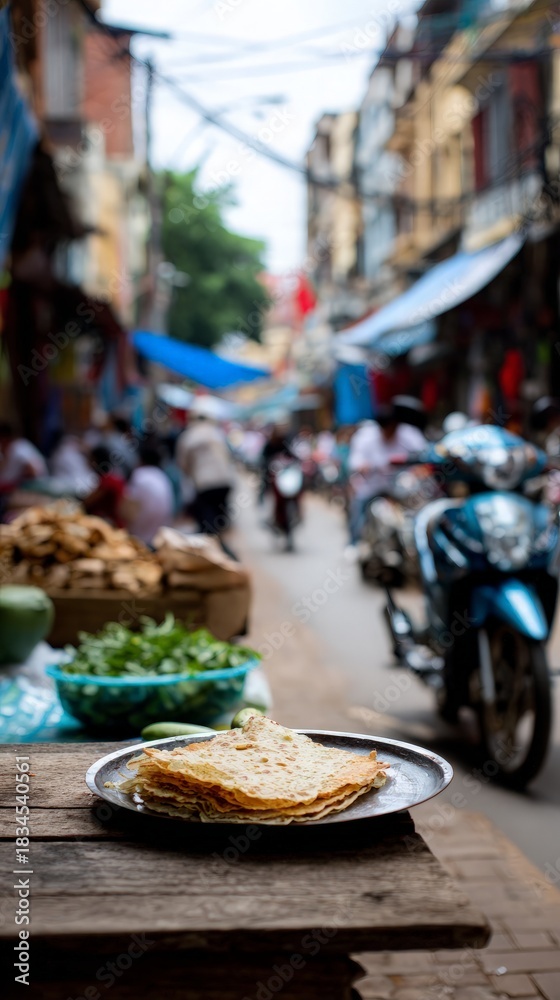 Fototapeta premium Crispy flatbread stack displayed on metal plate, fresh greens nearby, busy Asian market street bustles, people on scooters.