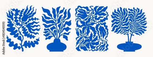 Blue abstract floral art with wavy leaves and flowers in vase compositions. Organic retro style vector for decorative posters, cards, prints, and contemporary graphic projects