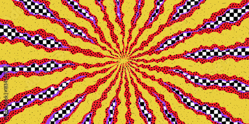 Sunburst background with checkered and dotted groovy rays in yellow, red, black, and purple. Psychedelic punk pattern with dynamic radial motion. Vector illustration