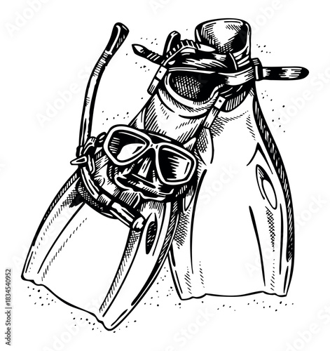 Hand-drawn illustration of a mask and fins. Line art depicting diving equipment.