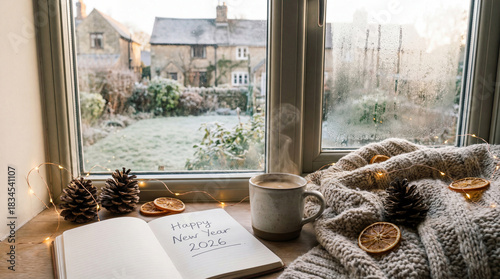 Warm drink and journal by the window in a frost-covered garden with New Year message written on a page
