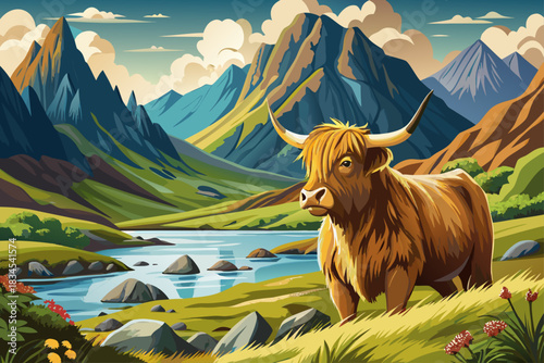 Brown Highland Cattle standing on the beautiful Isle of Skye, Scotland, rugged mountain landscape, grassland, rural wildlife and traditional Scottish nature.