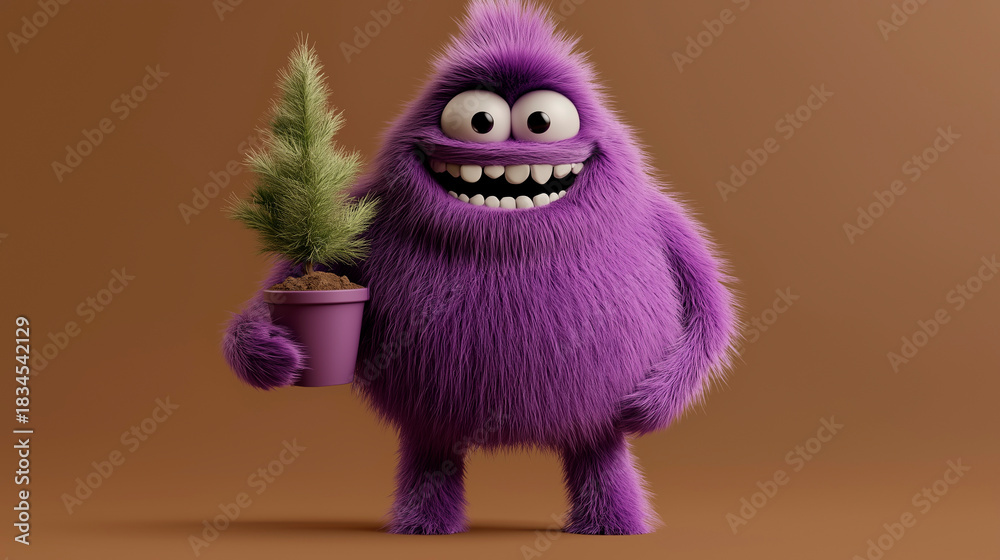 Fototapeta premium 3D purple furry anthropomorphic character holding a pine seedling on a brown background