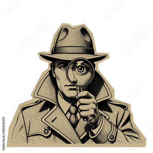 detective examines something with magnifying glass vintage halftone illustration