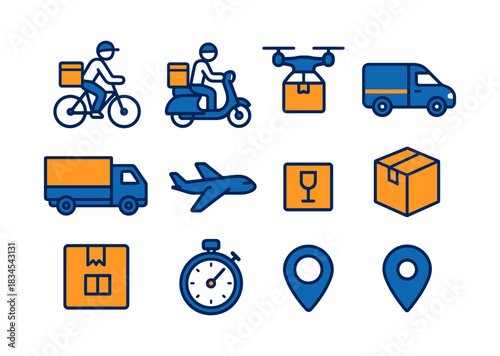 Delivery and logistics icons featuring bikers, drones, and vehicles in flat design