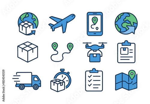 Global delivery icons set with transport, tracking, and shipping elements in linear style