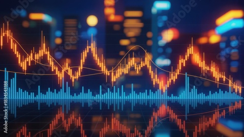 Abstract financial graph charts symbolizing market trends and economic growth. The graphs are glowing over a blurred background